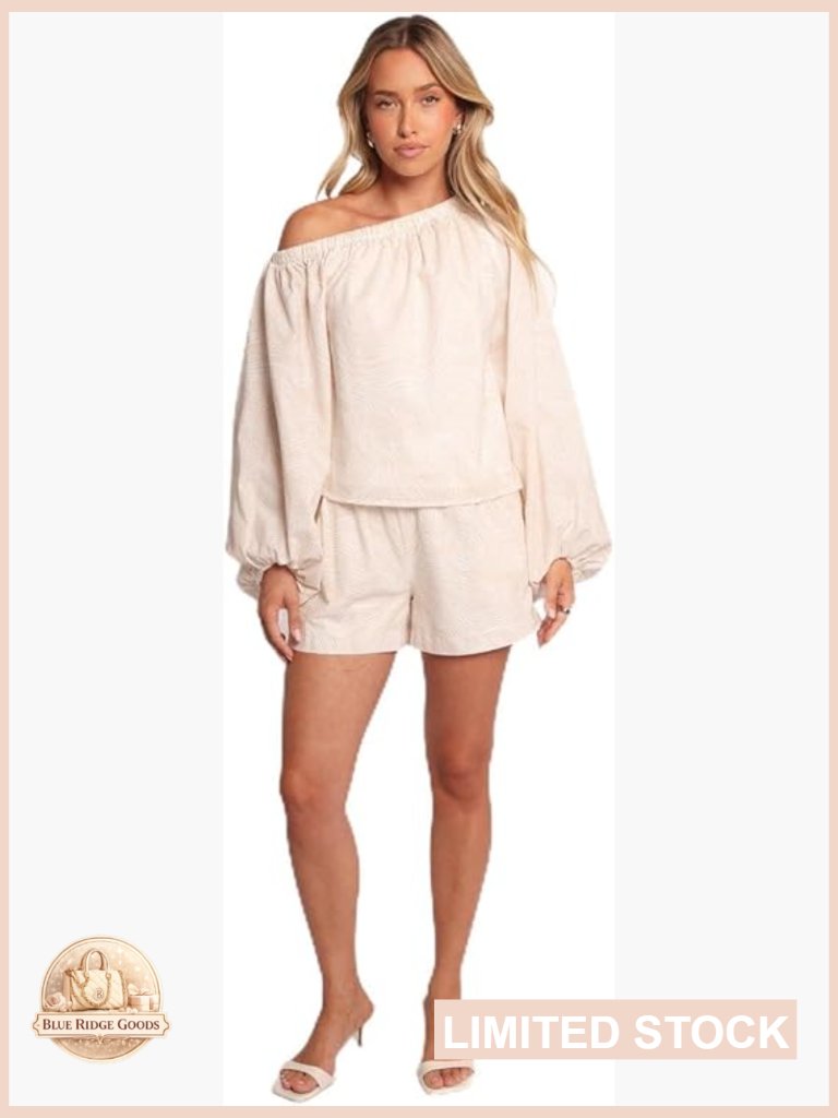 Off-Shoulder Long-Sleeve Blouse Tan Swirl Print Pullover Casual Chic